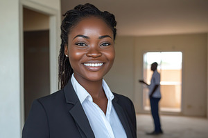 Confident african female realtor engages clients in modern property space, a Photo by AlyaAnd