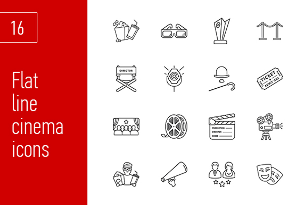 sixteen modern cinema icons, an Outline Icon by Anton
