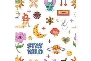 Groovy psychedelic stickers set in, an Object Illustration by Flashvector
