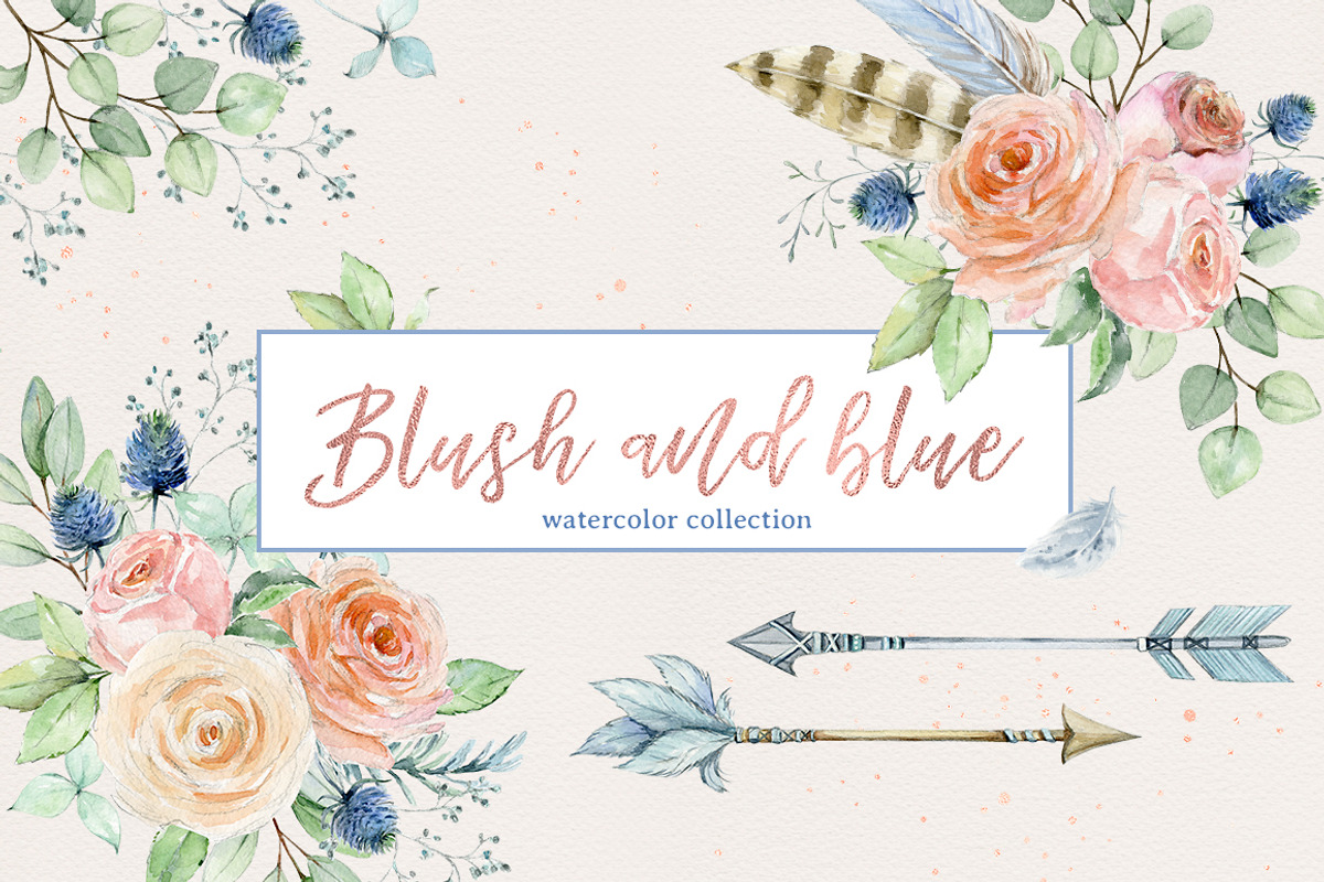 Blush and blue - watercolor clipart, a Decorative Illustration by long summer (Photo 1 of 8)