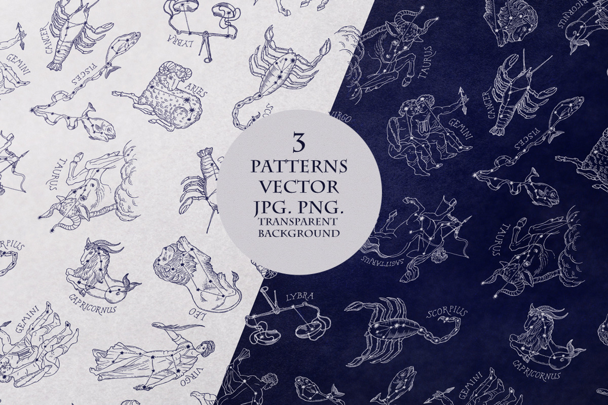 Zodiac Constellations set & Pattern, an Illustration by ZiziMarket (Photo 4 of 4)