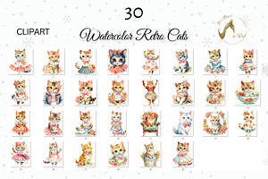 Watercolor Retro Floral Cats Clipart