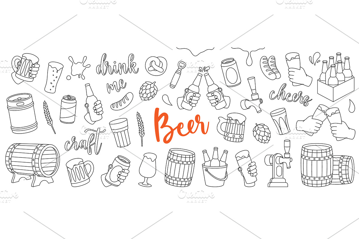 Beer outline set. Wooden barrels, an Object Illustration by GraphiShop