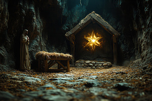 Dramatic nativity scene in a rustic, a Photo by Tanuart