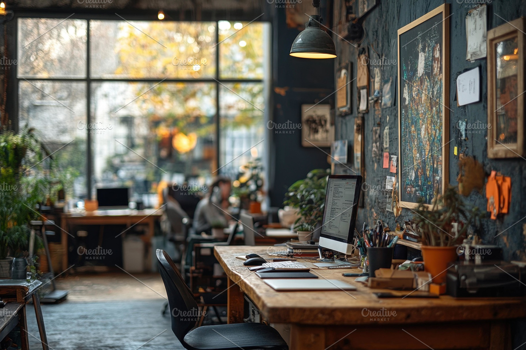 Workspace with large windows and pla, a Photo by Tanuart