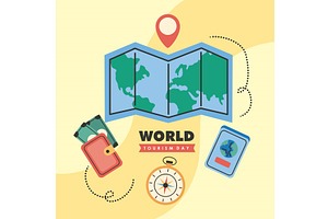 world turism day lettering postcard, an Illustration by studiogstock