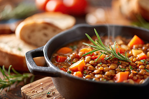 Hearty vegan lentil stew simmering in a cast iron pot with fresh vegetables and, a Food & Drink Photo by AlyaAnd