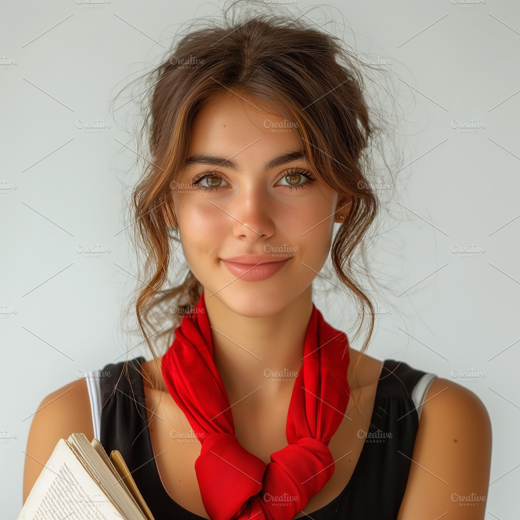 A young woman with long brown hair and a vibrant red scarf holds a book, exudin, a Person Photo by ImageMir