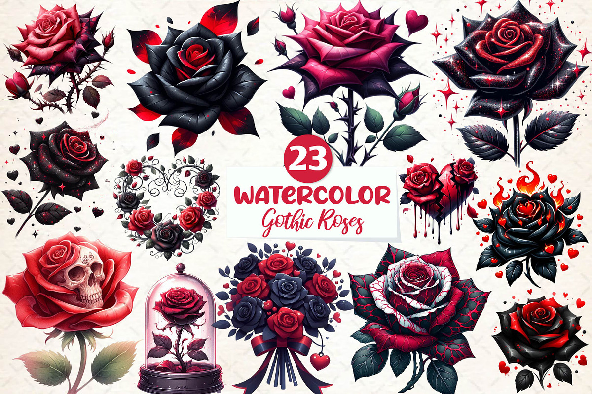 Watercolor Valentine Gothic Roses, an Illustration by CreationArt (Photo 1 of 5)