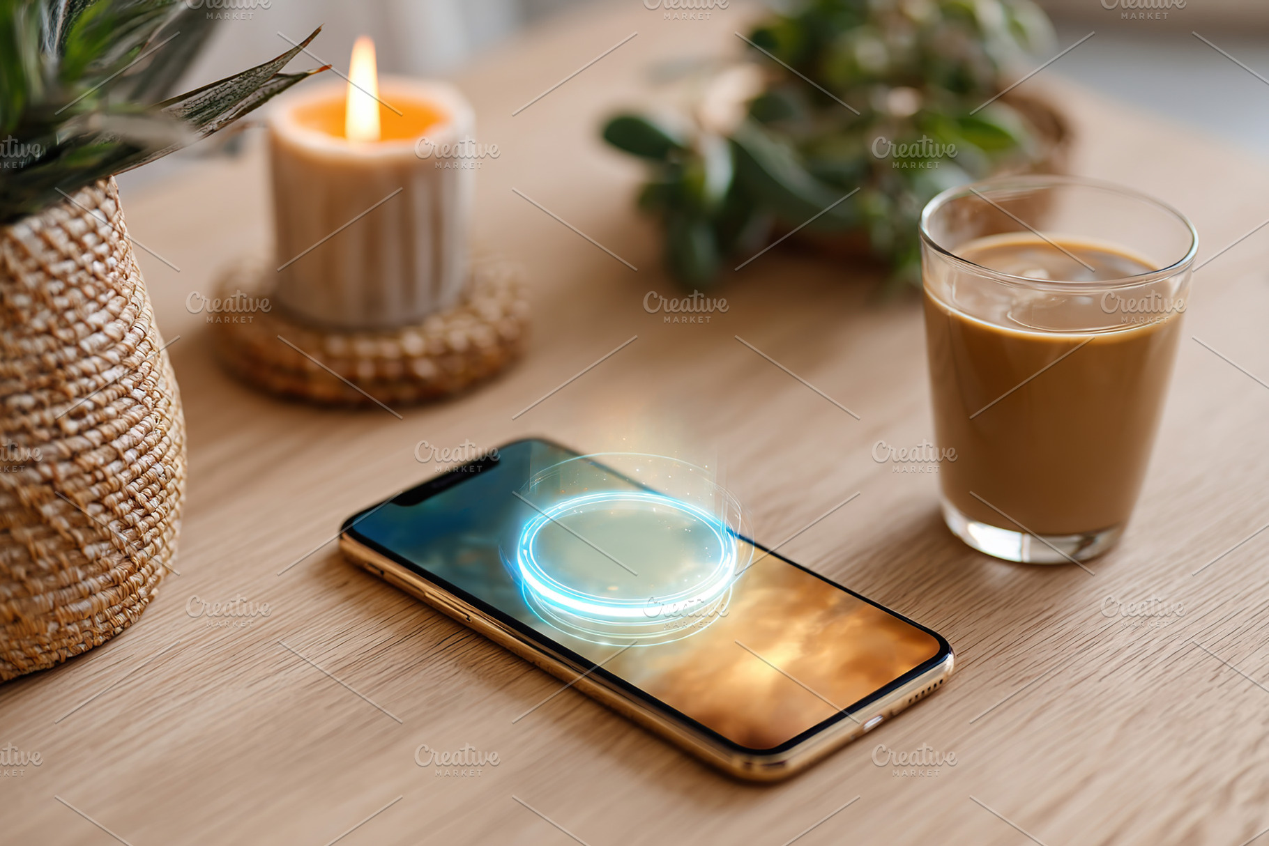 AI interface displays information on smartphone while coffee and candle enhance, a Photo by AlyaAnd
