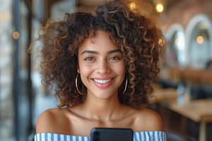 Young woman of mixed ethnicity beams with joy, sitting in a cozy, a Person Photo by ImageMir