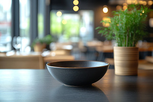 A sleek black bowl elegantly placed on a wooden table in a modern restaurant se, a Background Photo by ImageMir
