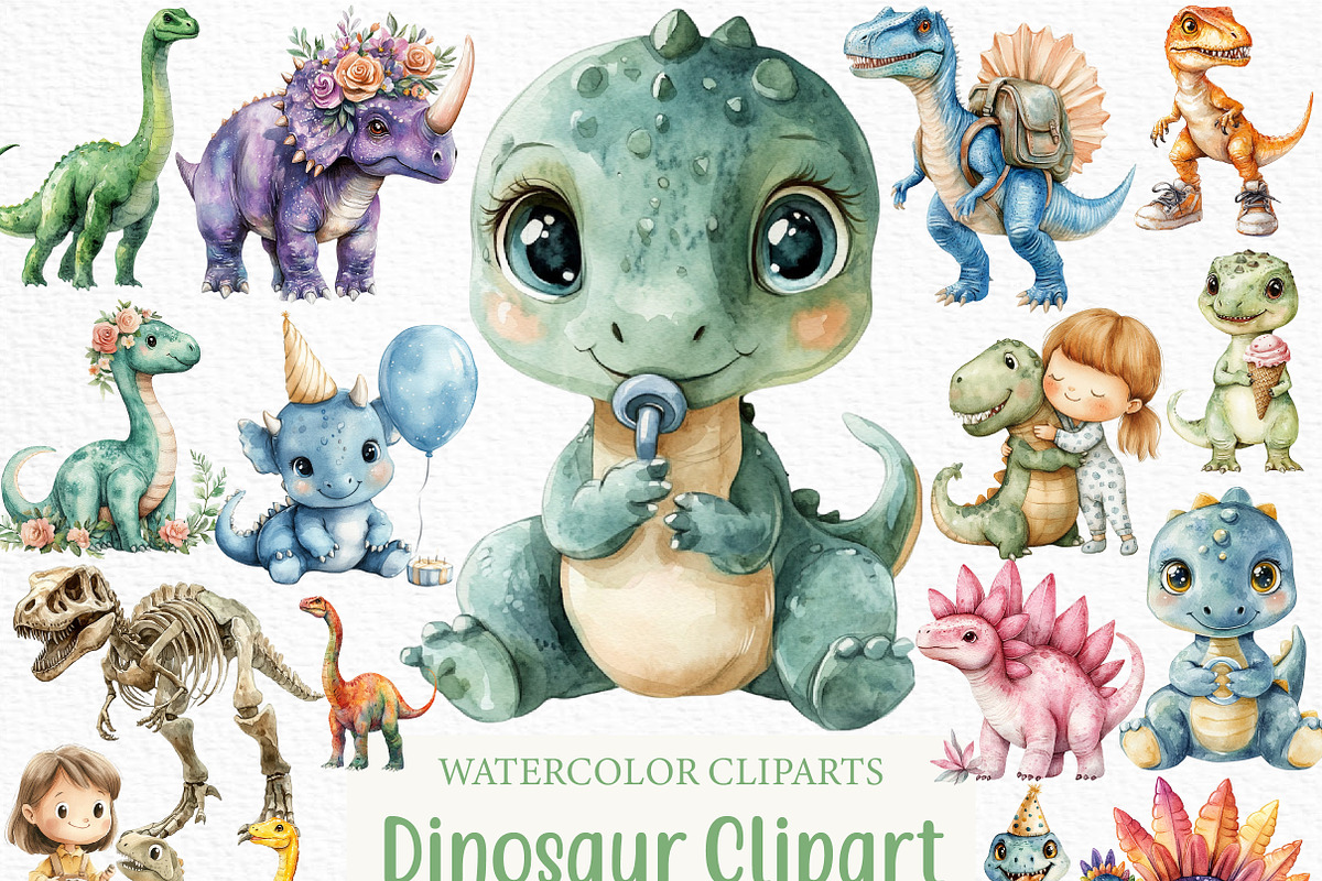 Watercolor Dinosaur Clipart, an Illustration by Craft Nest (Photo 1 of 6)