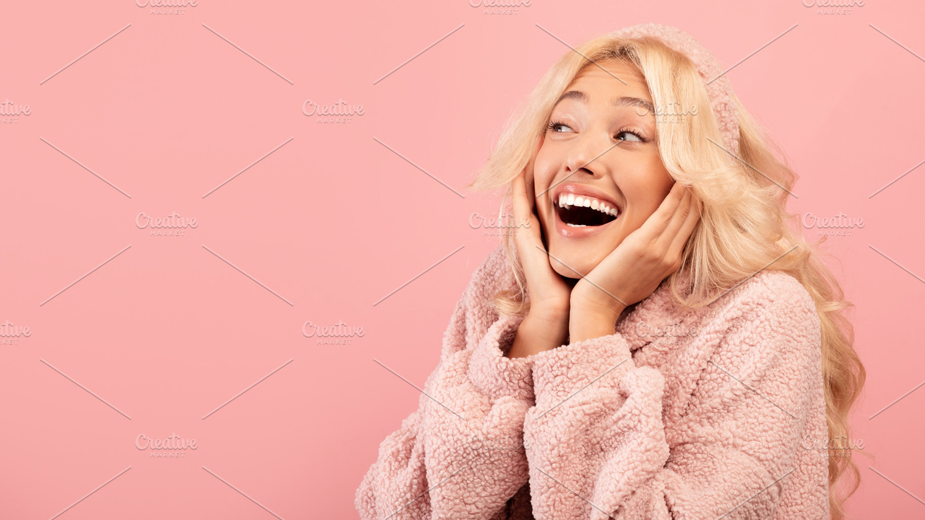 Wow offer. Amazed lady with open mouth touching her cheeks with hands and looki, a Photo by Prostock-Studio