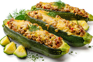 Zucchini stuffed with cheese and meat on white background, a Food & Drink Photo by AlyaAnd