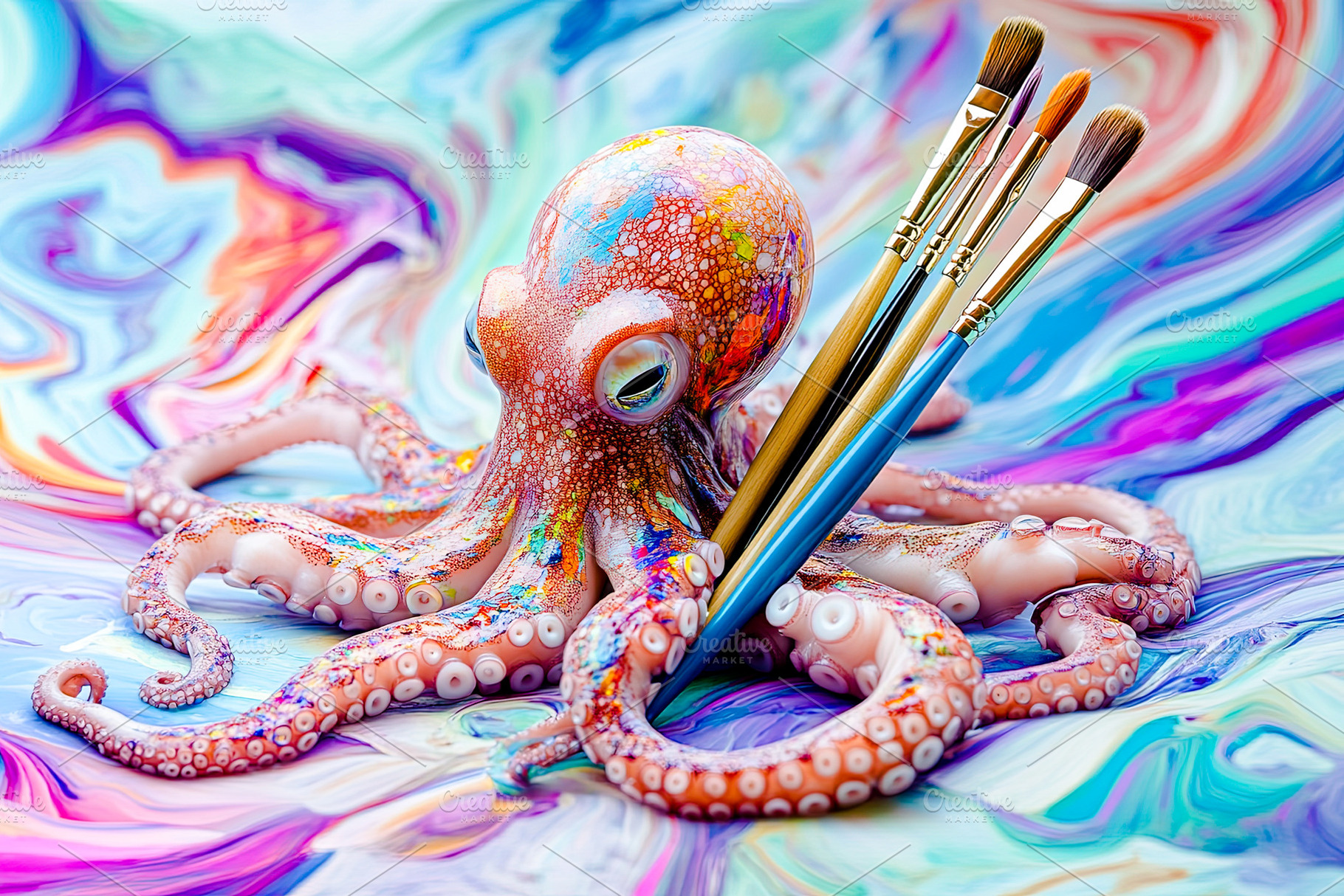 Artistic Octopus with Paint Brushes, an Animal Photo by Ales Munt