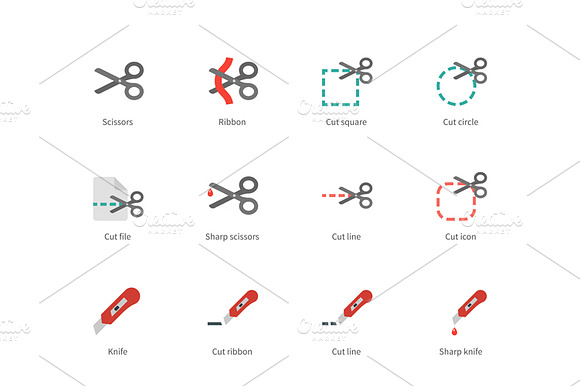 Cut scissors and knife colored icons preview 2