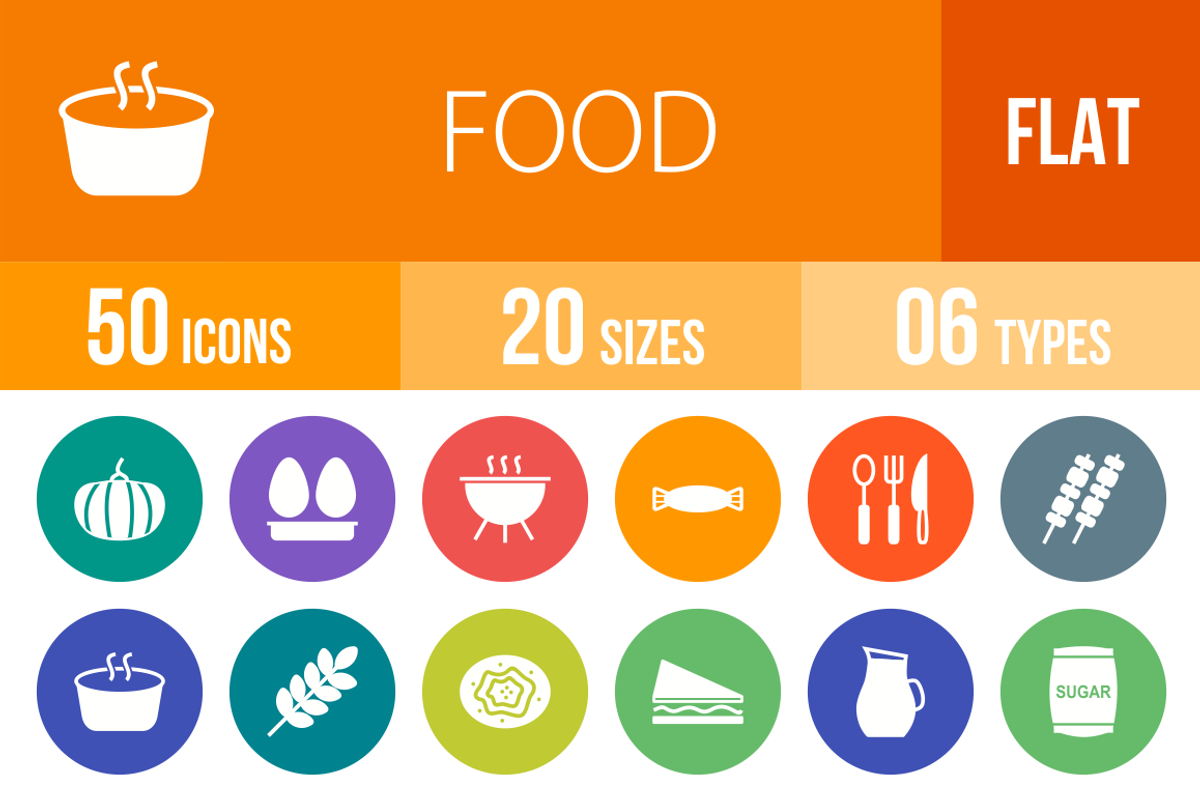 50 Food Flat Round Icons