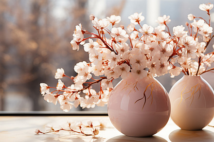 Spring blossom flowers bouquet in vase on table, shadows on wall, a Photo by Dvoevnore photos