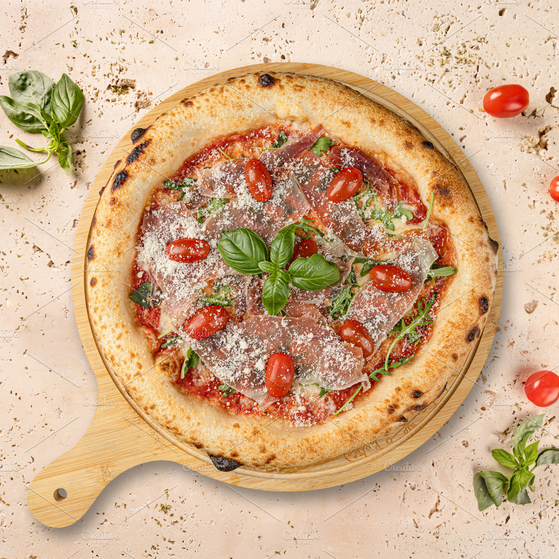 Delicious pizza with parma ham, a Photo by Grafvision photography