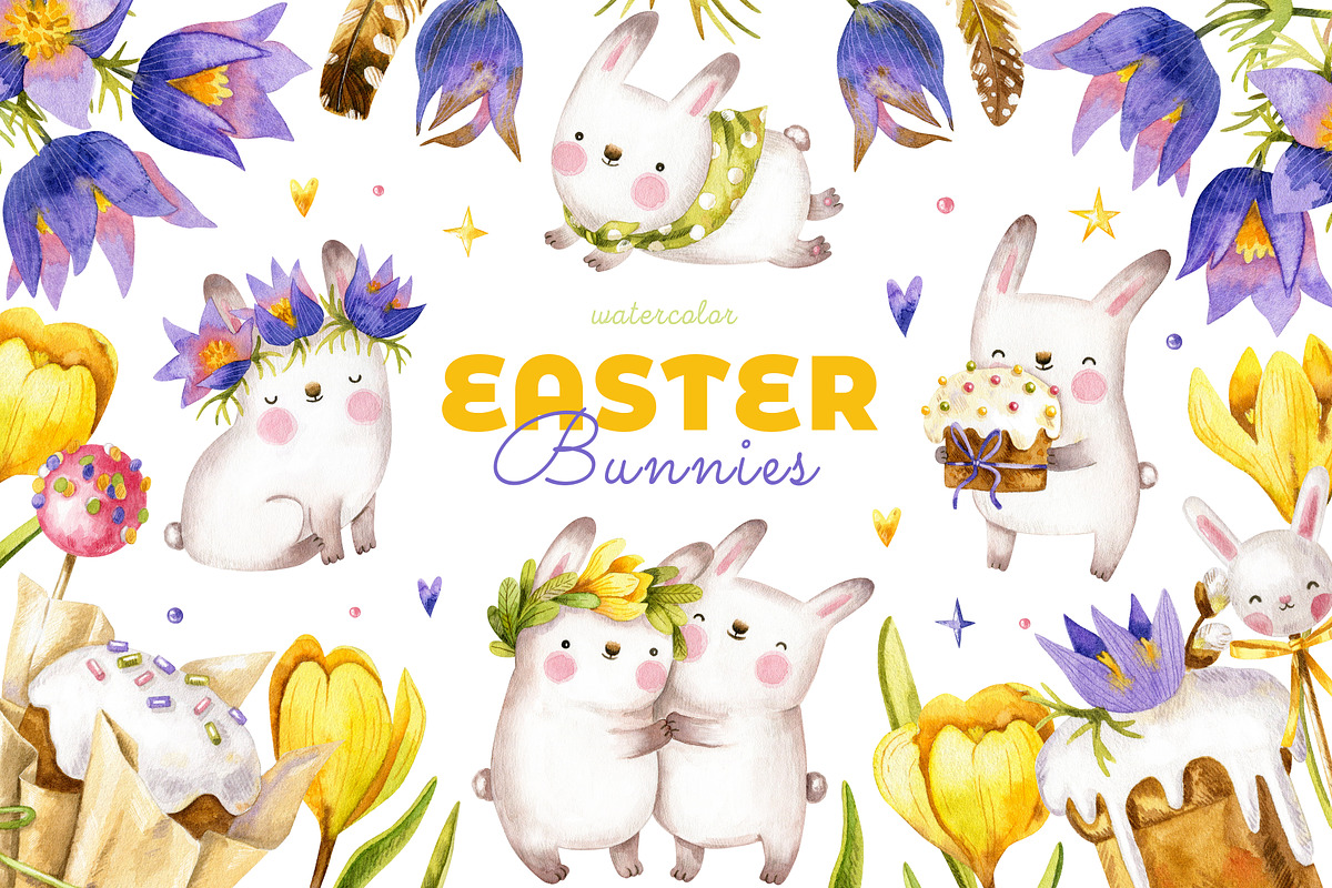 Easter bunnies. Watercolor set., an Illustration by babenkoirusa (Photo 1 of 16)