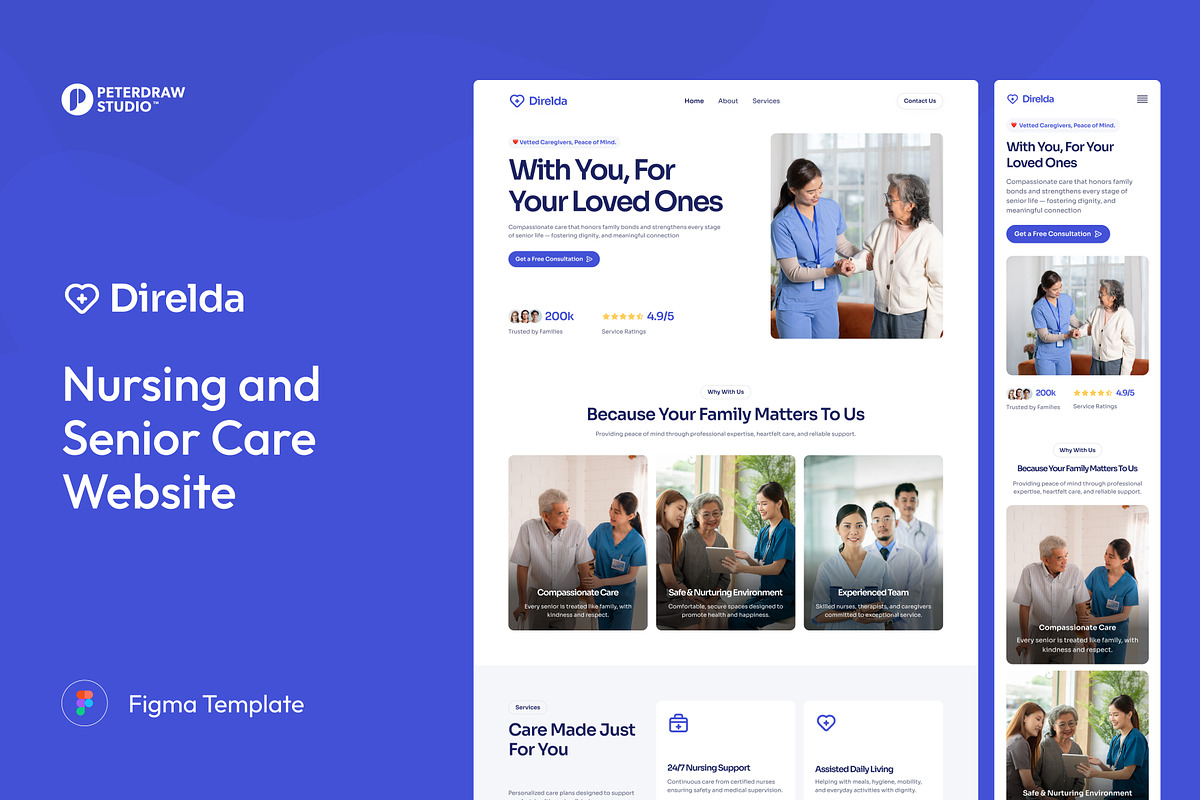 Senior Nursing Care Website UI Figma, an UI Kit Template by peterdraw (Photo 1 of 7)