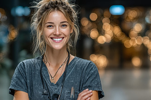 Smiling female doctor in scrubs with stethoscope in modern well-lit environment, a Health & Medical Photo by AS photostudio