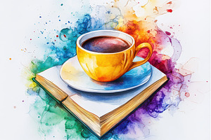 Yellow coffee cup on book colorful w, a Food & Drink Photo by Pixeness Studio