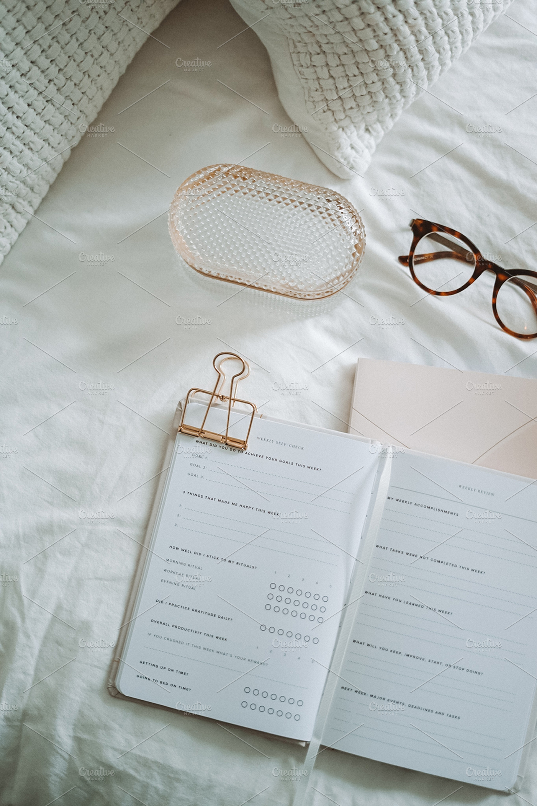 Planner and Glasses on Bed, an Architecture Photo by Marissa Cristina