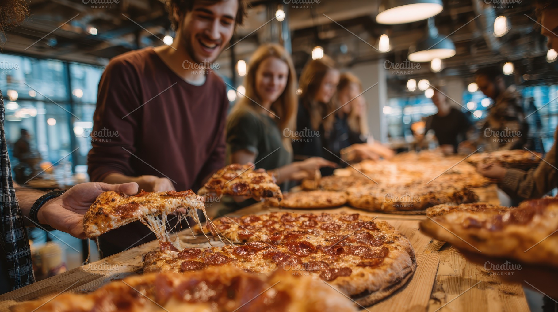 Friends enjoying delicious pepperoni, a Photo by Pixeness Studio