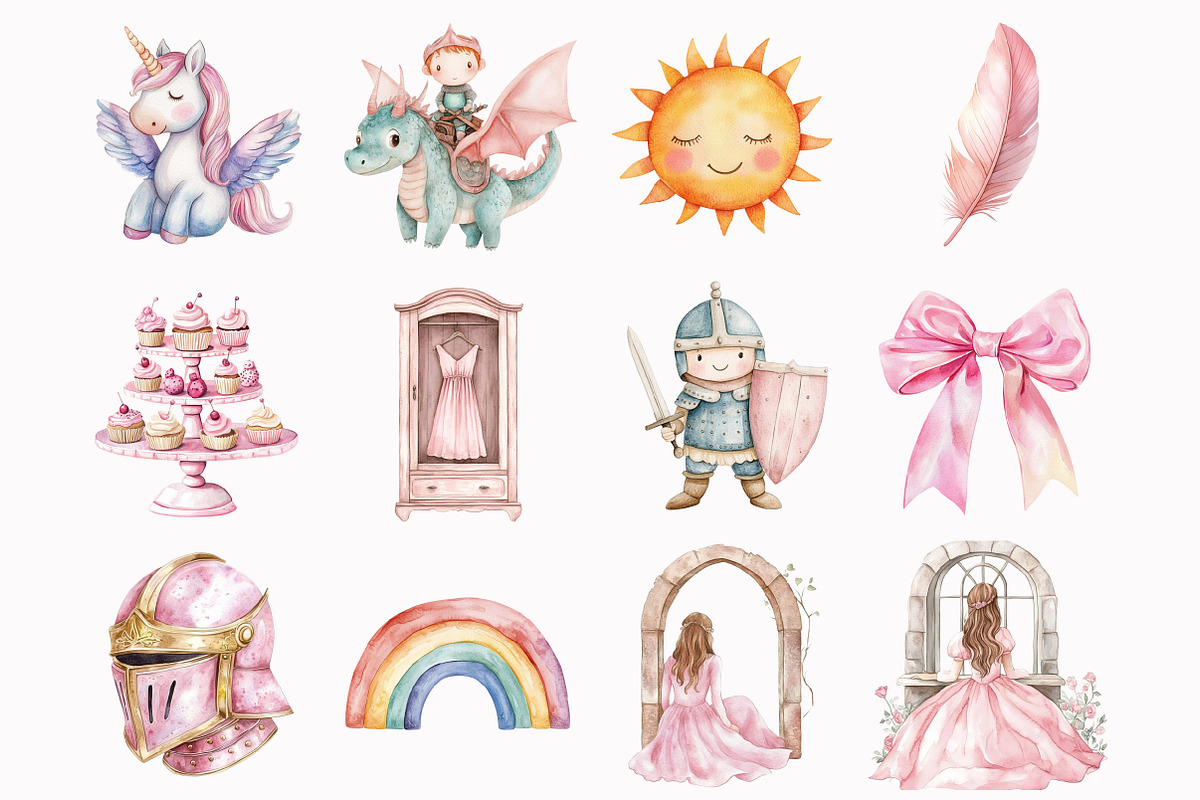 Watercolor Pink Kingdom Clipart, an Illustration by Design Market (Photo 3 of 5)