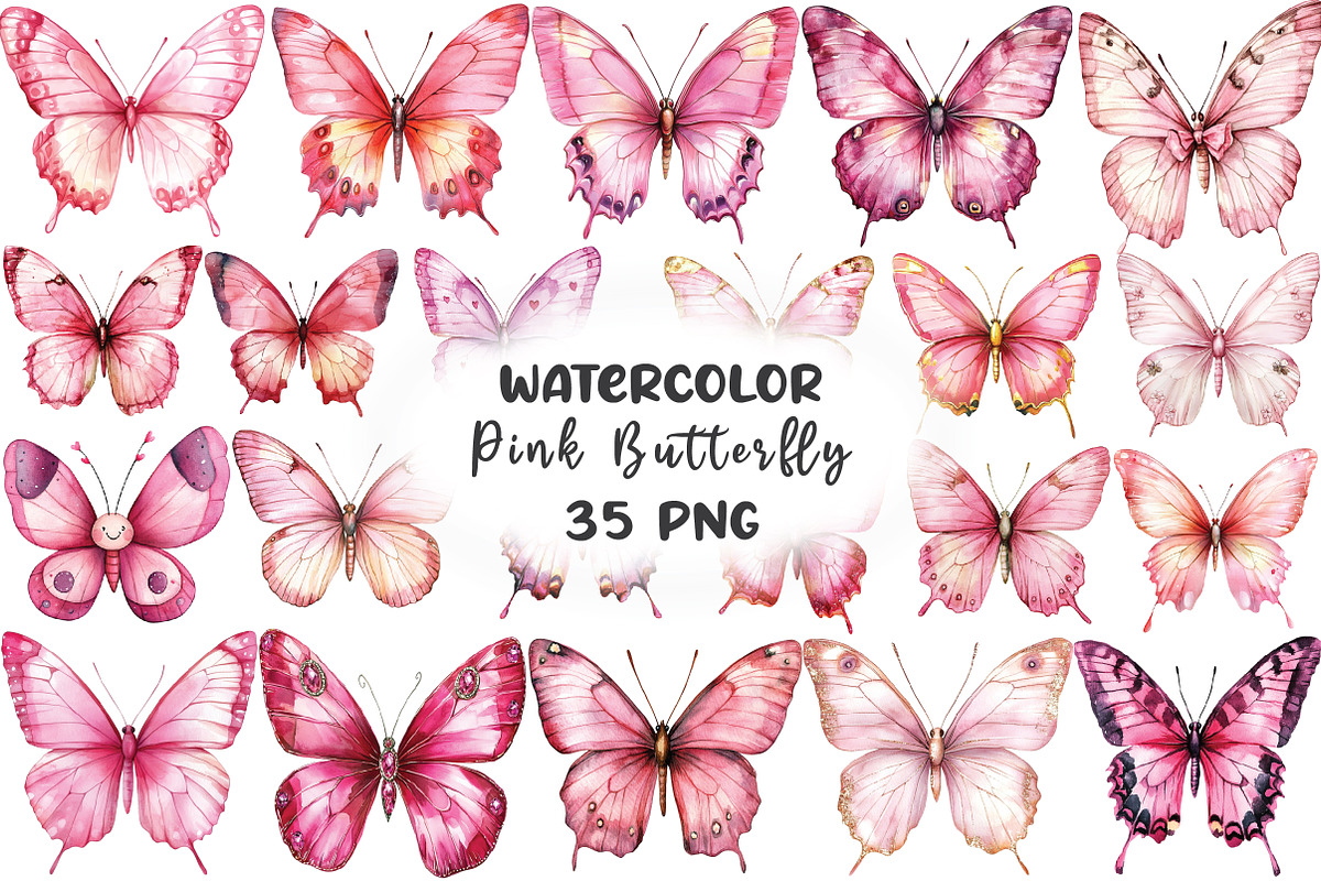 Watercolor Pink Butterfly Clipart, an Illustration by CraftArtStudio (Photo 1 of 6)