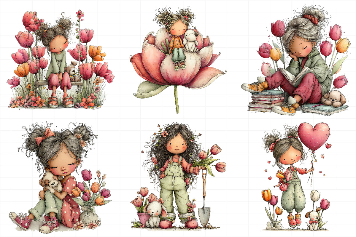 Whimsical Girl with Tulips and Puppy, an Illustration by Daily.Designs (Photo 6 of 8)