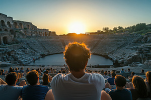 Audience watches sunset over ancient, a Photo by Tanuart