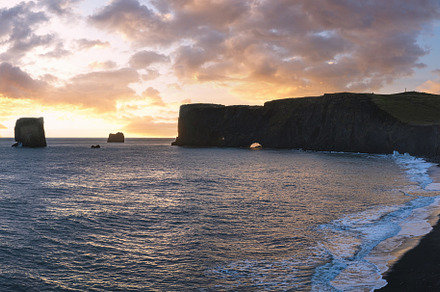 Picturesque autumn evening view Dyrholaey Cape, beach and  rock, a Photo by YuriyB