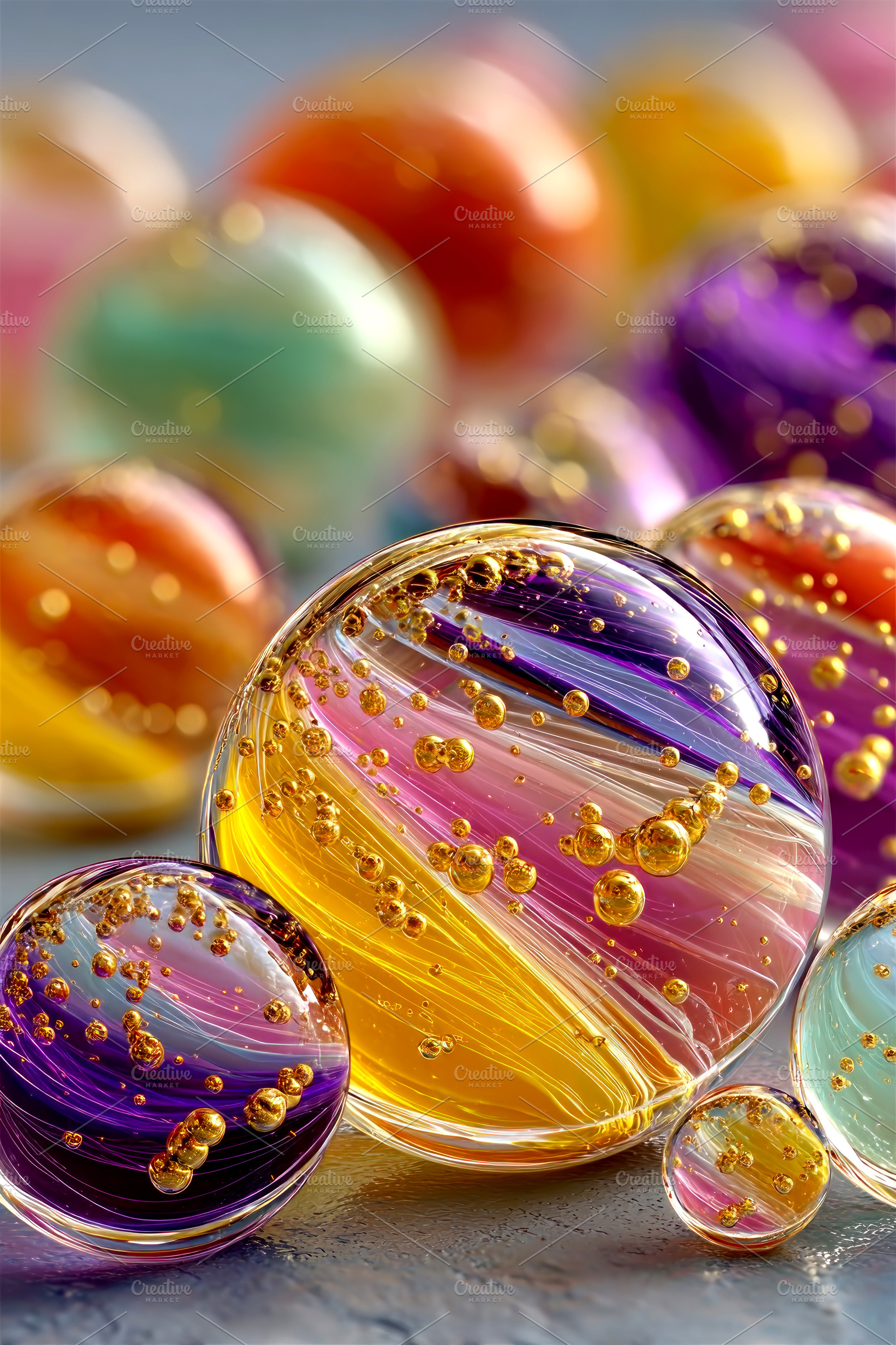 Colorful glass marbles with swirling ribbons and golden bubbles, an Abstract Photo by José Manuel Gelpi