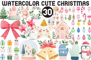 Watercolor Cute Christmas Clipart, an Illustration by Black Bird Studio