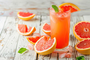 Glass of grapefruit juice with fresh fruit on wooden background, a Food & Drink Photo by AlyaAnd
