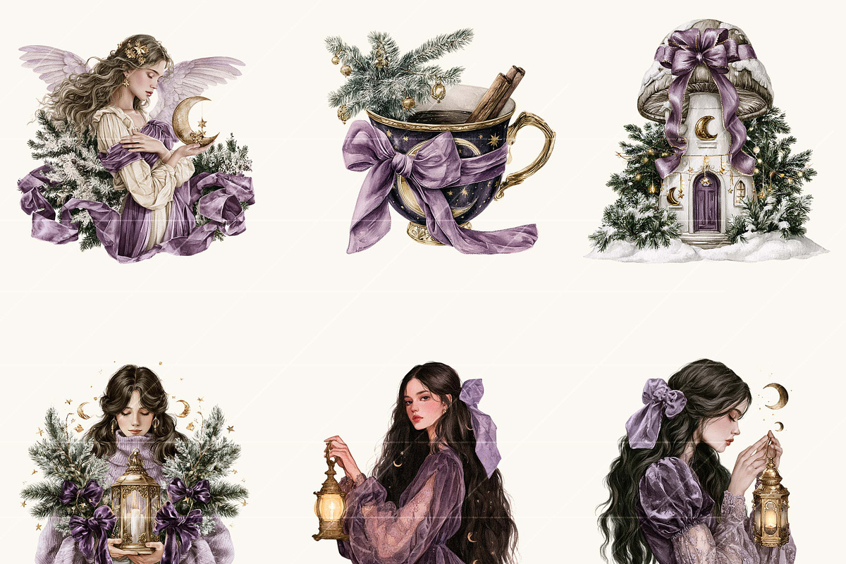 Watercolor Moonlit Christmas Clipart, a Seasonal Illustration by BusyDaydesign (Photo 6 of 7)