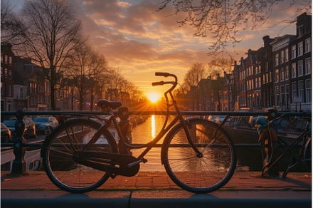 Bicycle amsterdam bridge sunset, an Architecture Photo by Ylivdesign