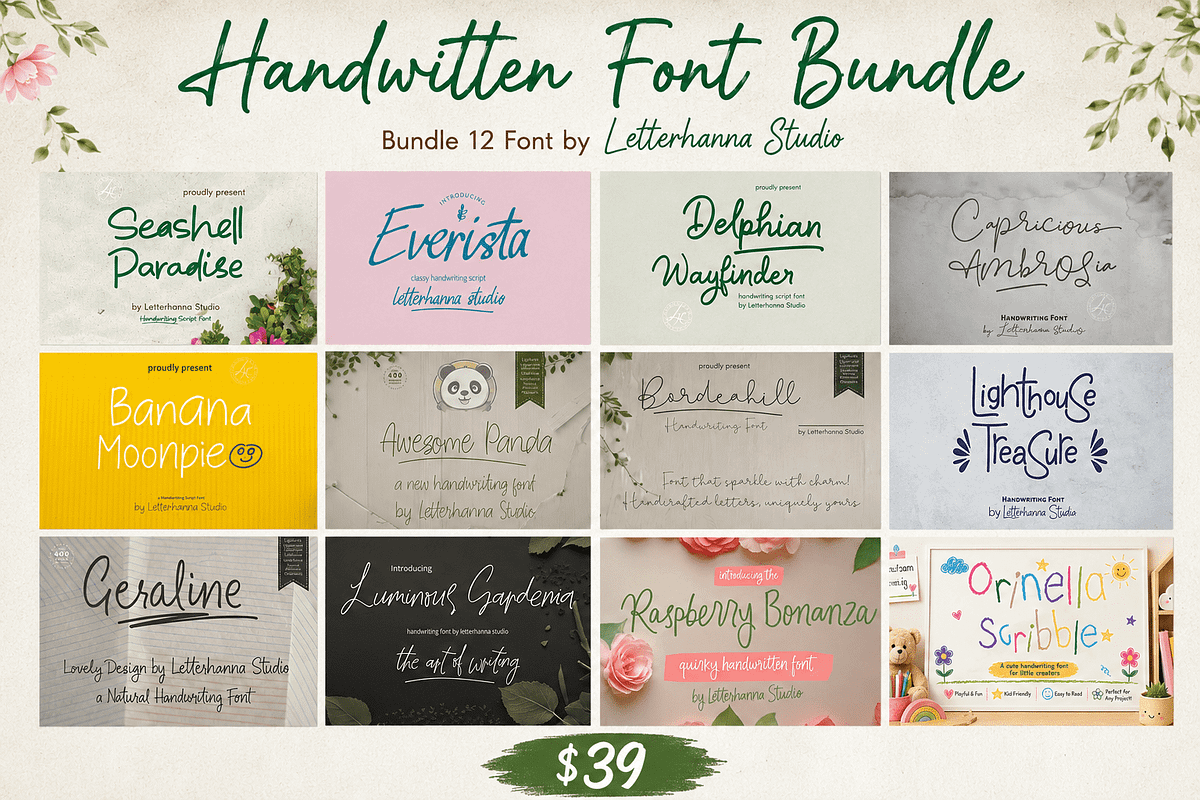 Handwritten Font Bundle - 12 Fonts, a Handwritten Font by Letterhanna Studio (Photo 1 of 6)