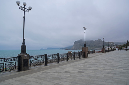 An empty embankment in the small resort town. Crimea.