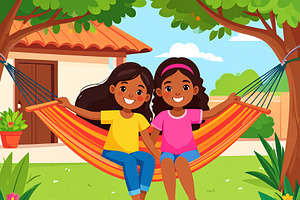 Two girls sitting together on a hammock in the backyard of a hou, a Person Illustration by DanFLCreativo