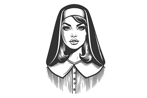 Nun Portrait Engraving Sketch Vector