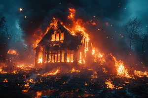House engulfed in flames during a de, a Photo by Tanuart