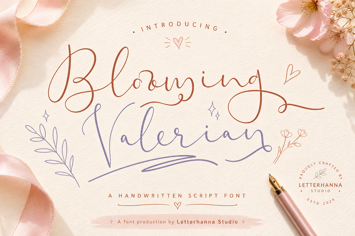 Blooming Valerian Font, a Handwritten Font by Letterhanna Studio (Photo 1 of 19)