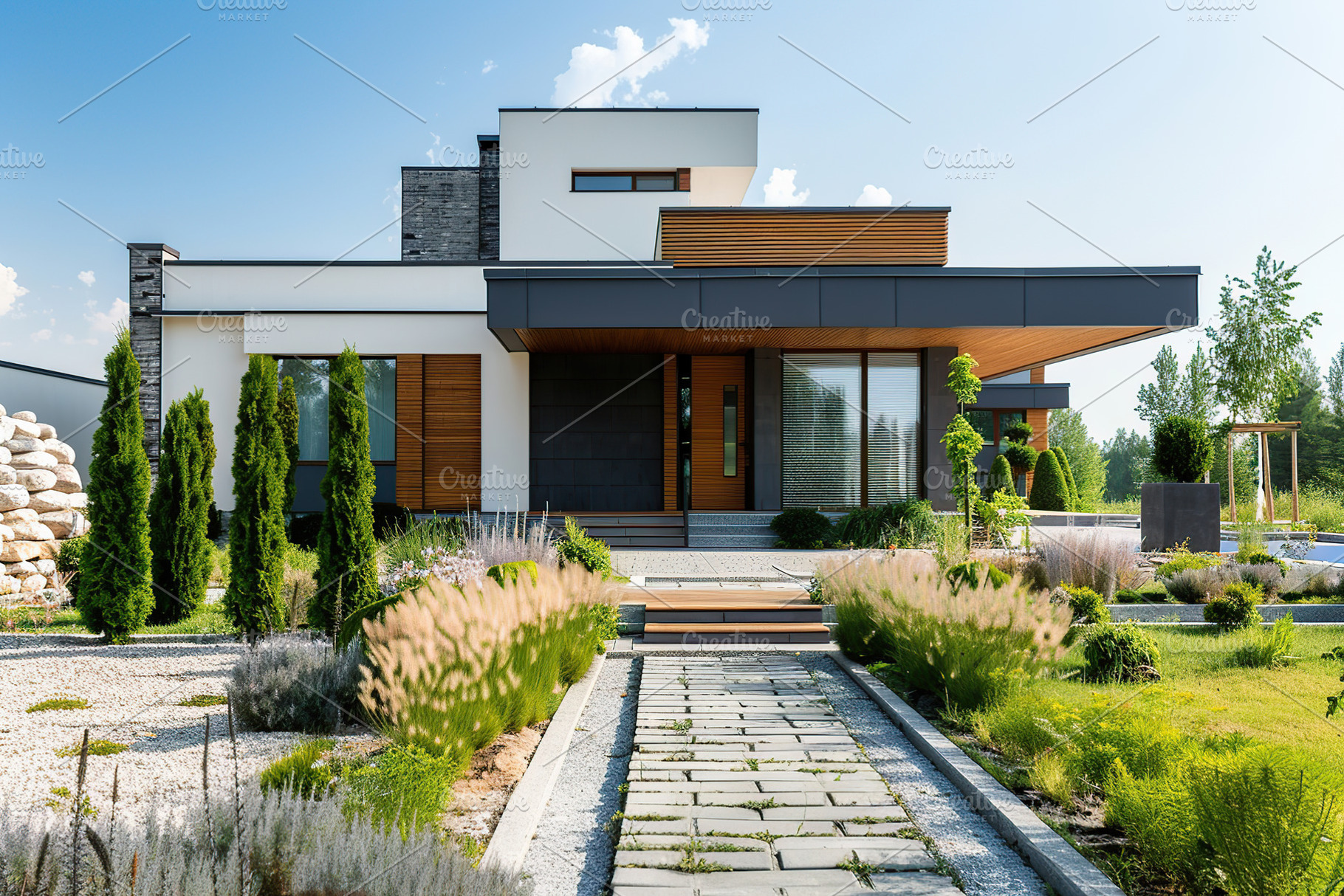 Modern house in suburb with beautiful green landscape, an Architecture Photo by AlyaAnd