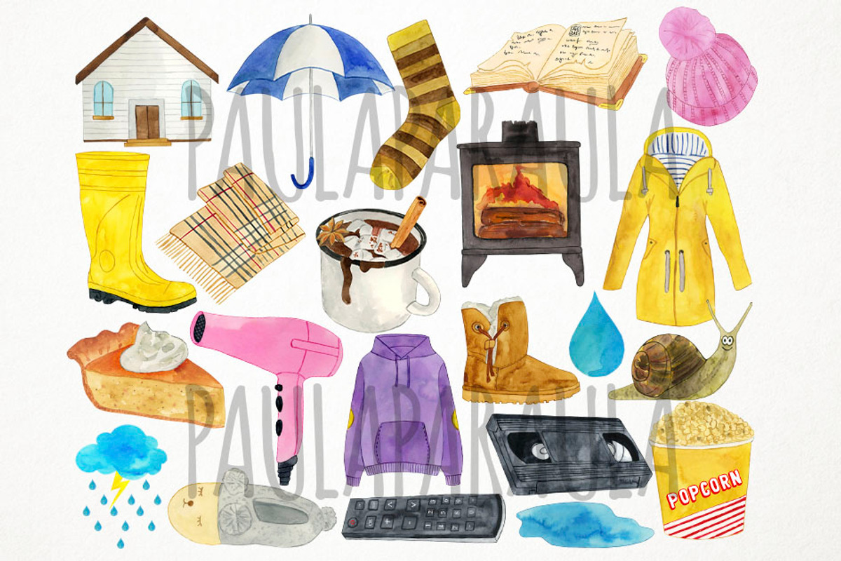 Watercolor Rainy Day Clipart, Rain, an Illustration by Paulaparaula (Photo 2 of 3)
