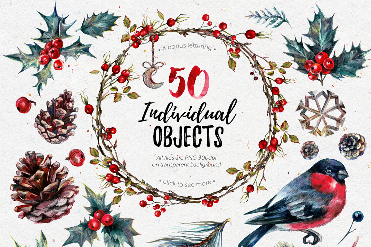 Mr.Bullfinch Watercolor ClipArt Xmas, a Decorative Illustration by Inna Sinano (Photo 2 of 12)