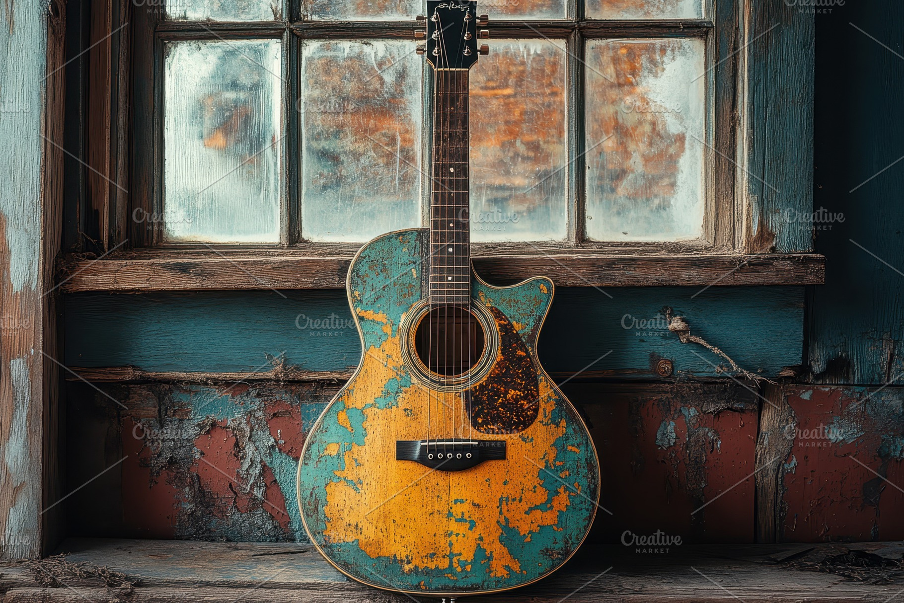 Vintage acoustic guitar rests agains, a Photo by Tanuart
